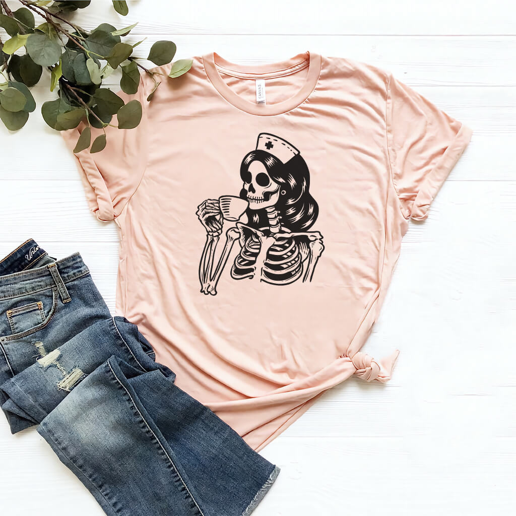 Nurse Skeleton Drinks Coffee Shirt
