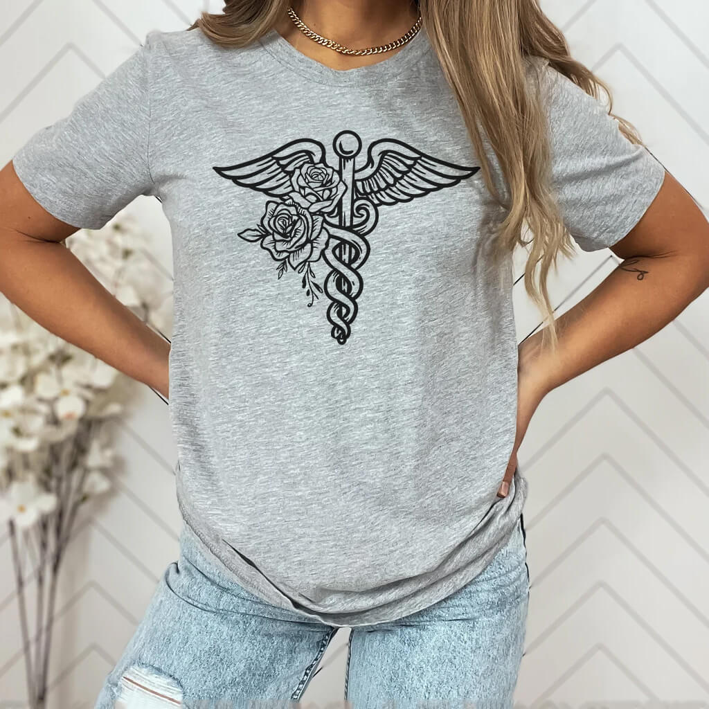 Floral Caduceus Symbol Tee