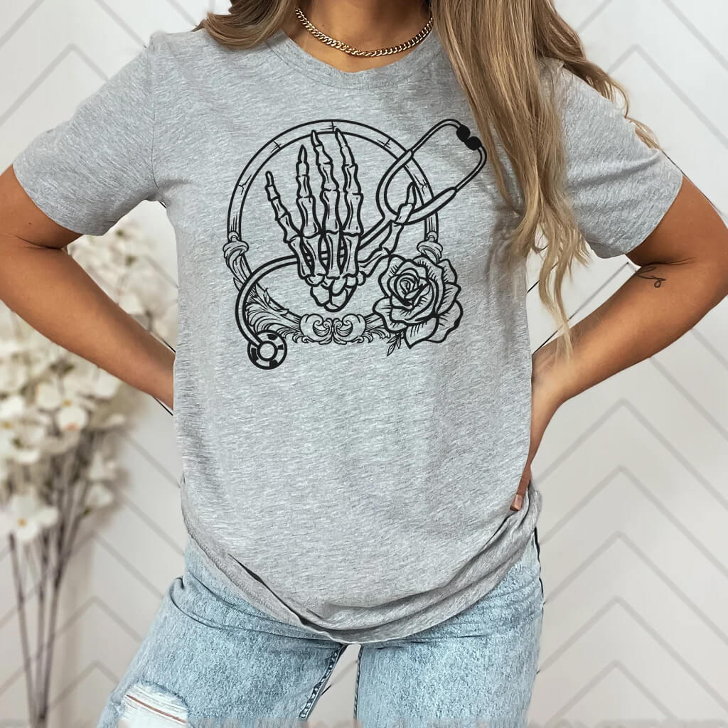 Nurse Skull Hand with Stethoscope Graphic T-shirt