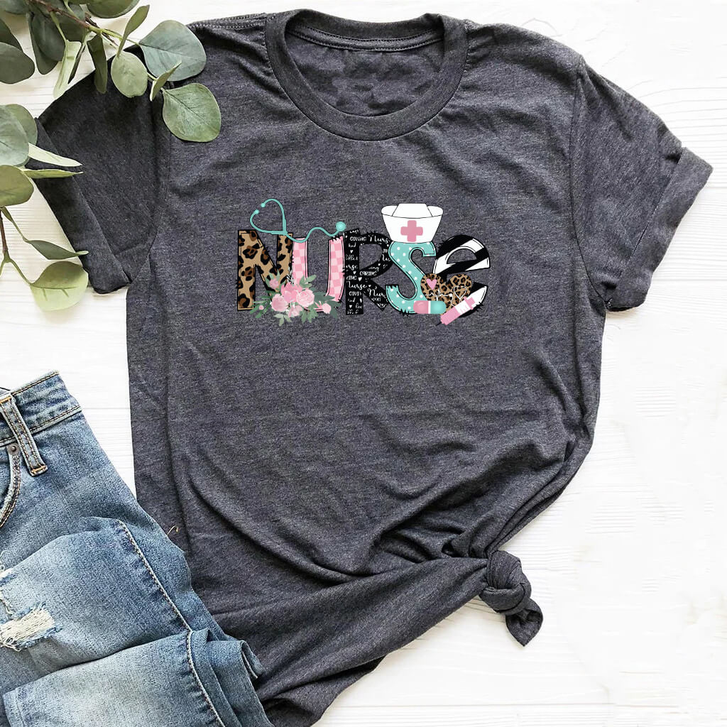 Stylish Nurse T-shirt - Leopard Print with Flowers and Stethoscope