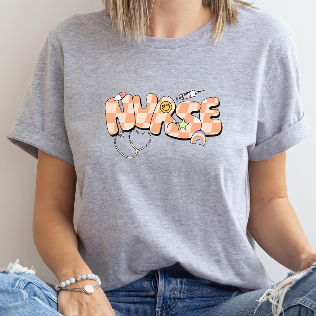 Cute Nurse T-shirt with Love Emoji and Rainbow