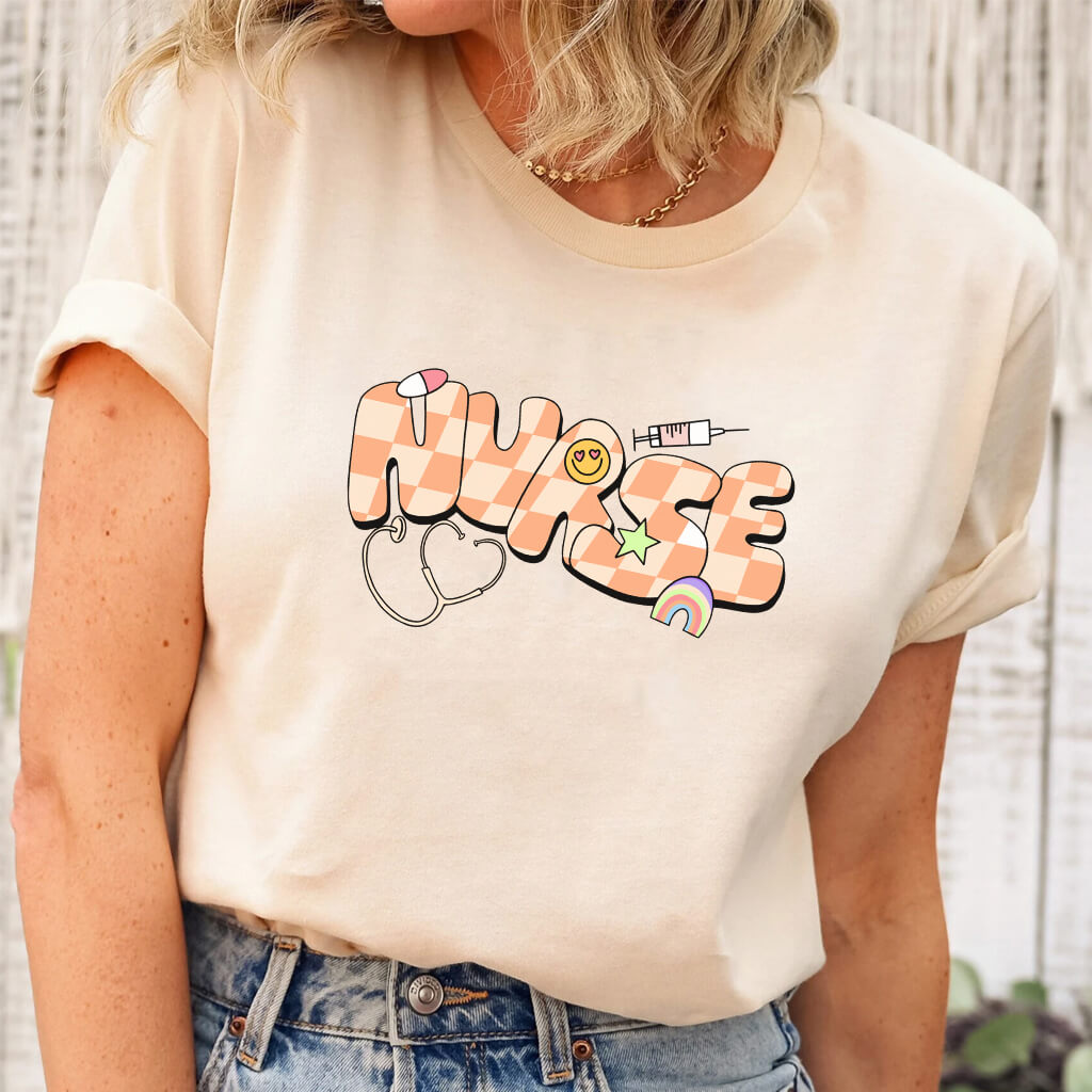 Cute Nurse T-shirt with Love Emoji and Rainbow