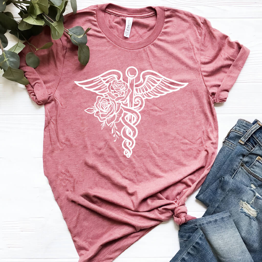 Floral Caduceus Symbol Tee