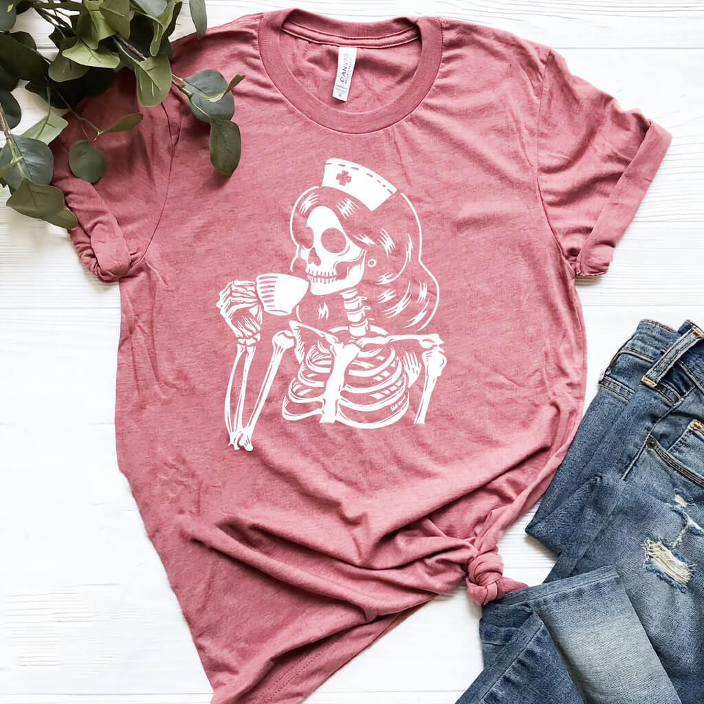 Nurse Skeleton Drinks Coffee Shirt