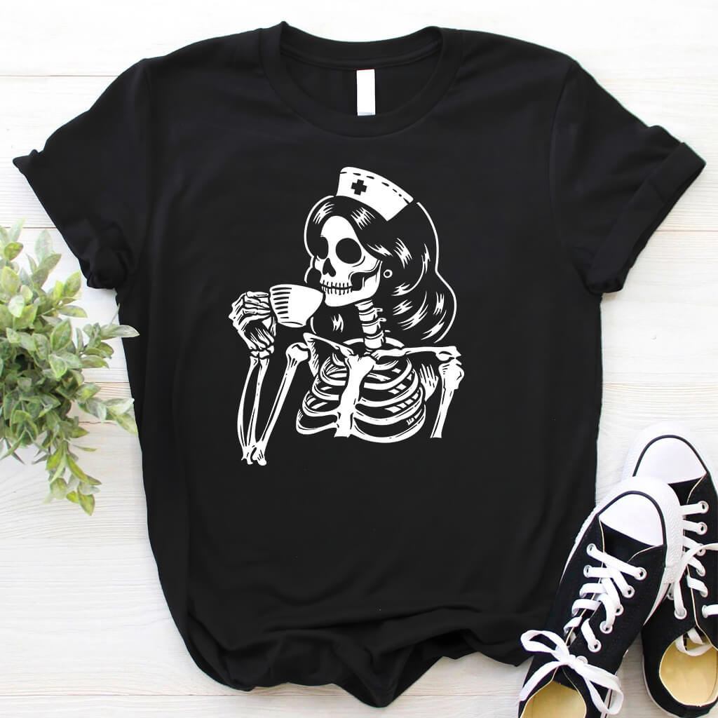Nurse Skeleton Drinks Coffee Shirt