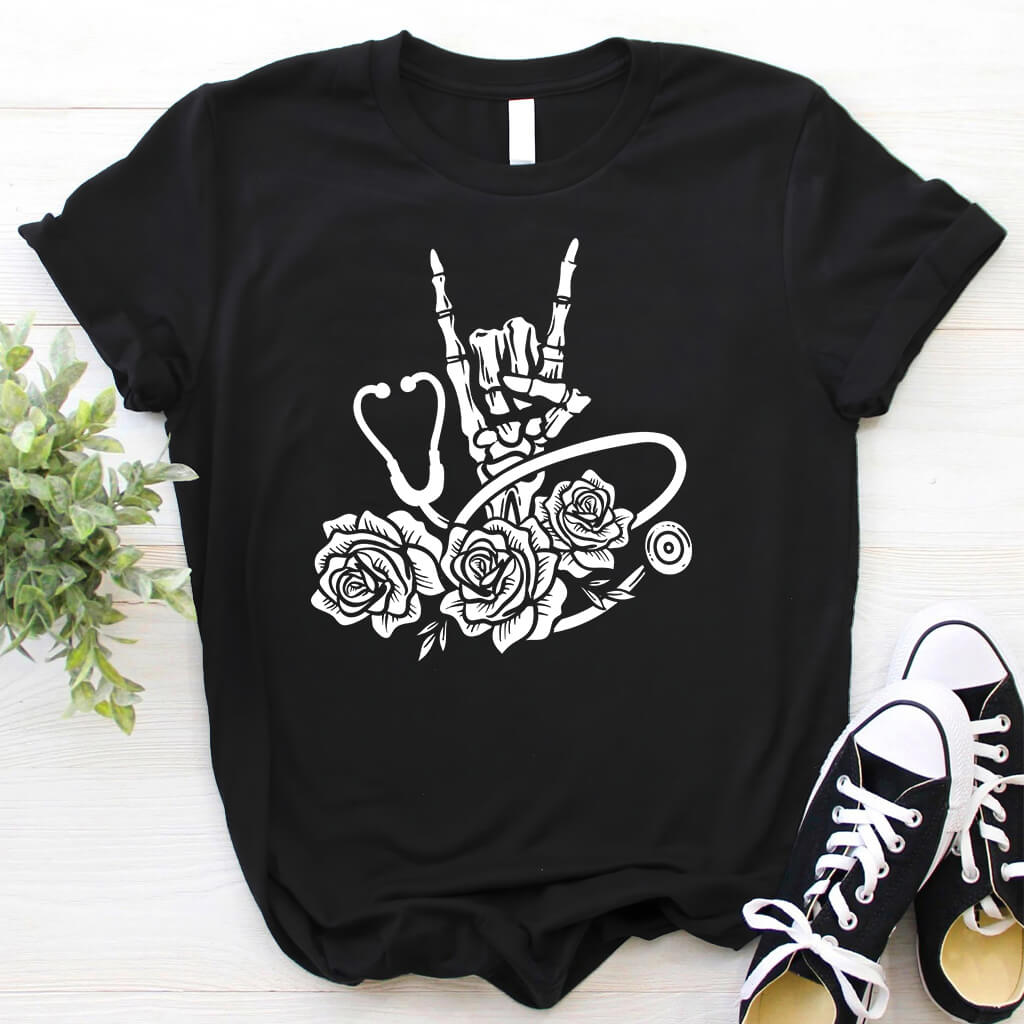 Rock and Roll Floral Skull Hand Holding Stethoscope Shirt