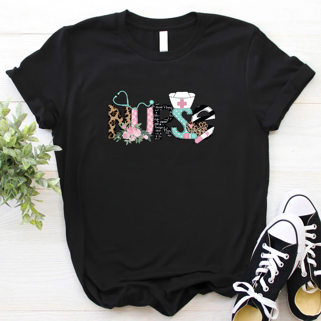 Stylish Nurse T-shirt - Leopard Print with Flowers and Stethoscope