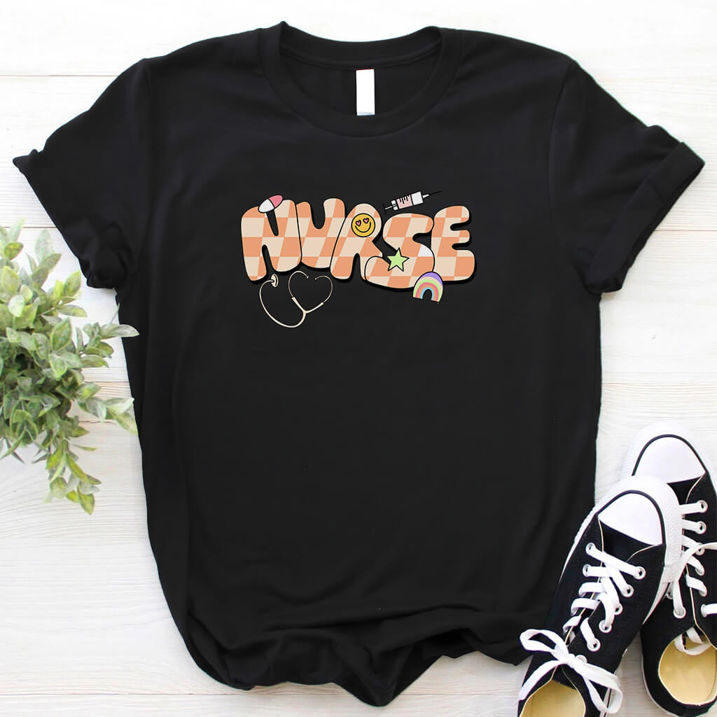 Cute Nurse T-shirt with Love Emoji and Rainbow