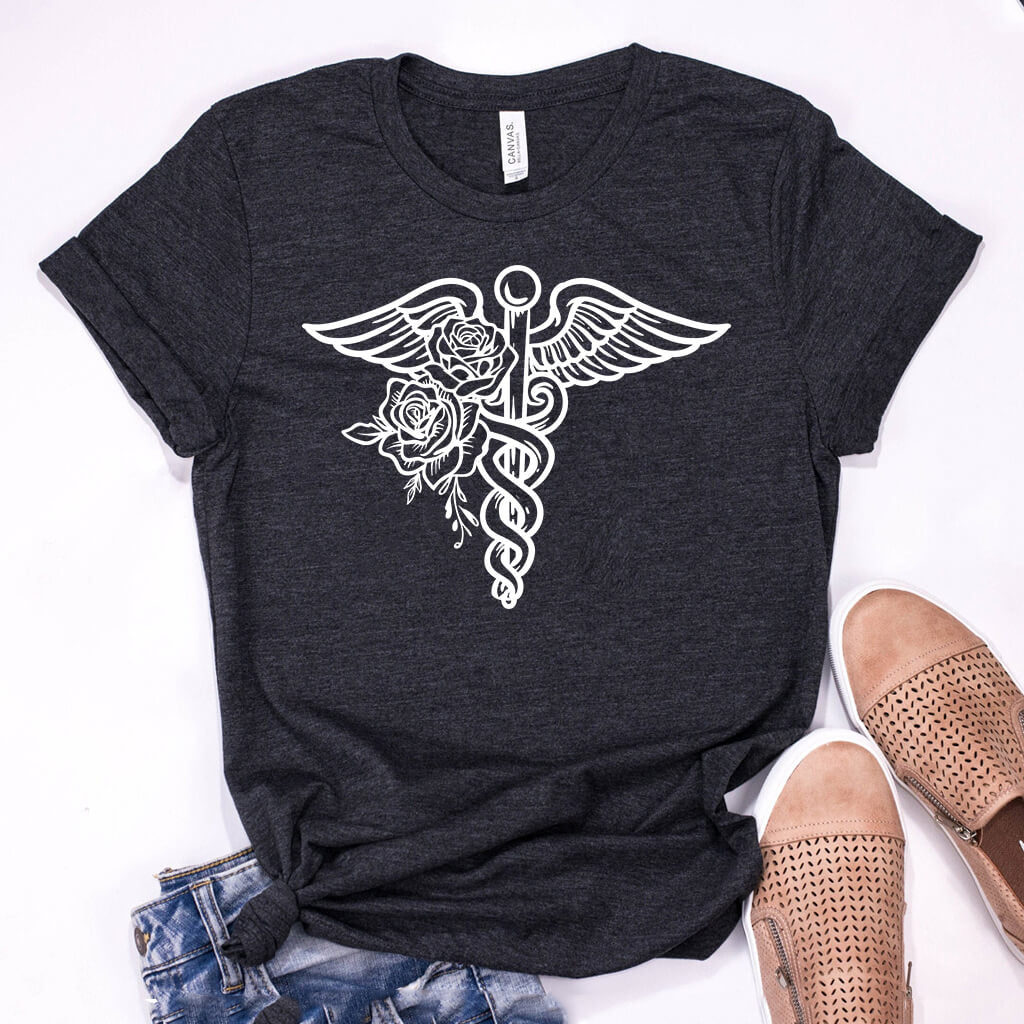 Floral Caduceus Symbol Tee