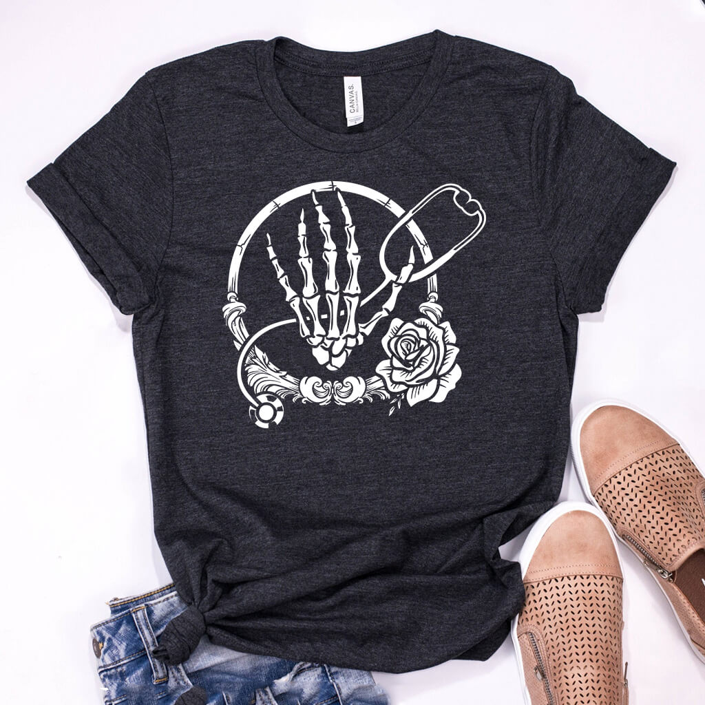 Nurse Skull Hand with Stethoscope Graphic T-shirt