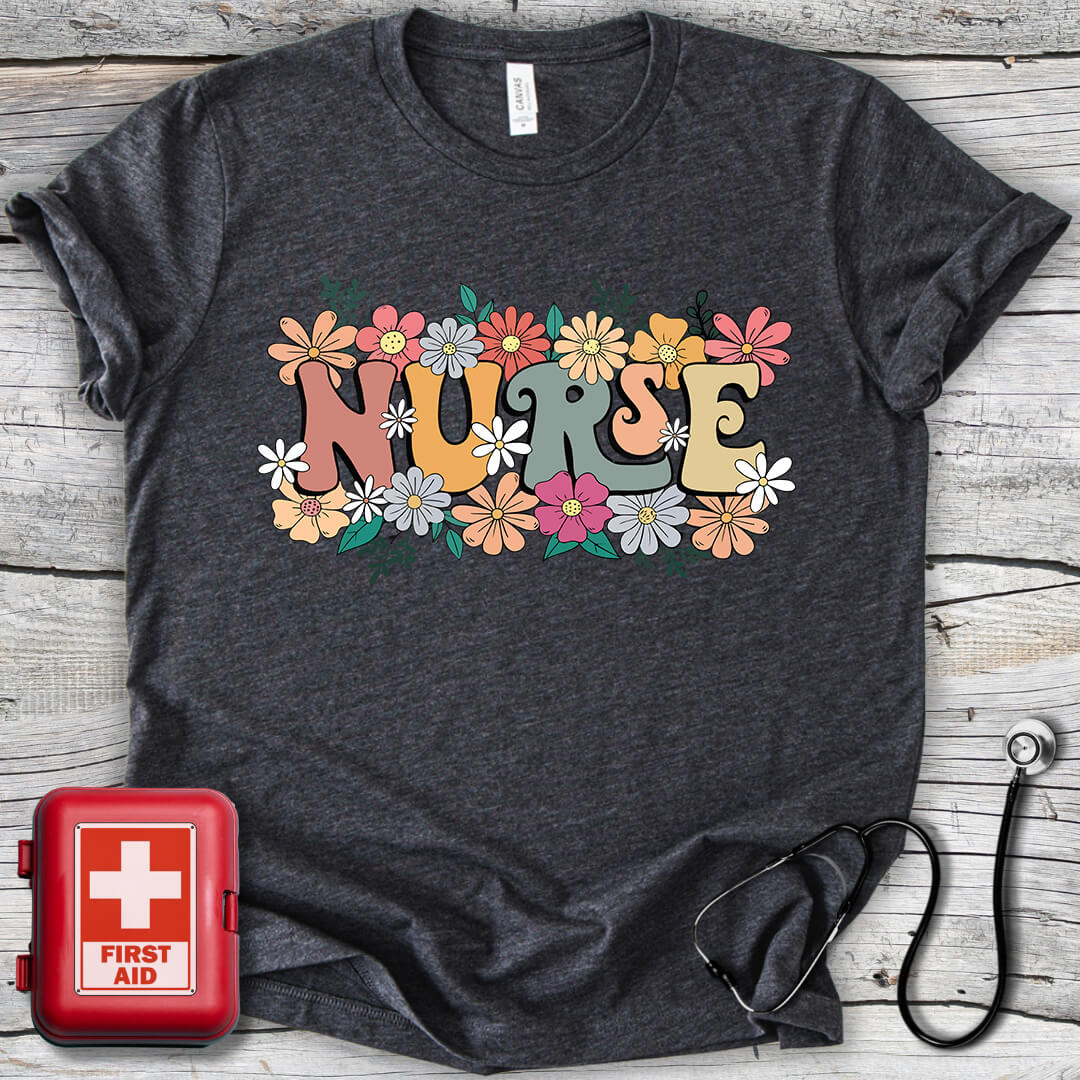 Nurse Flowers Retro T-shirt