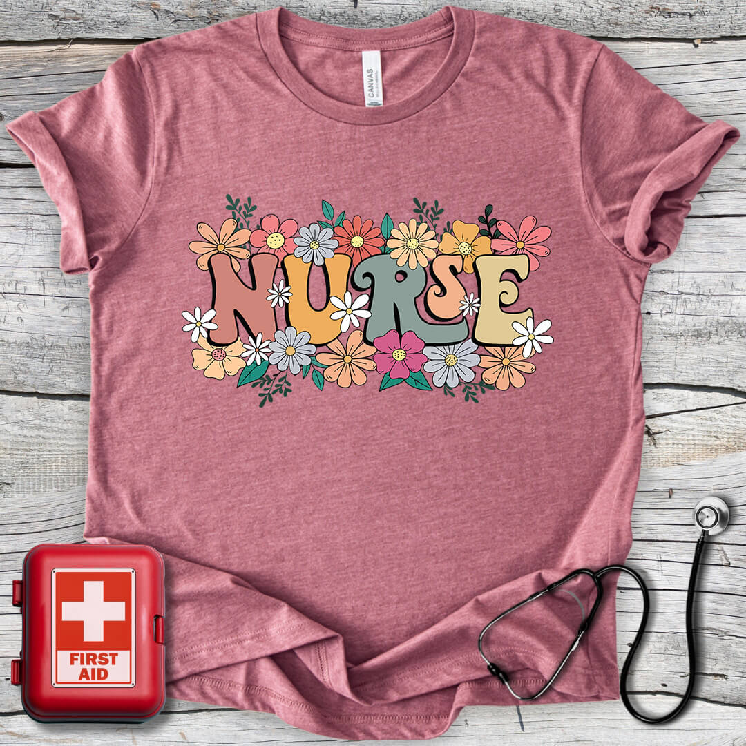 Nurse Flowers Retro T-shirt