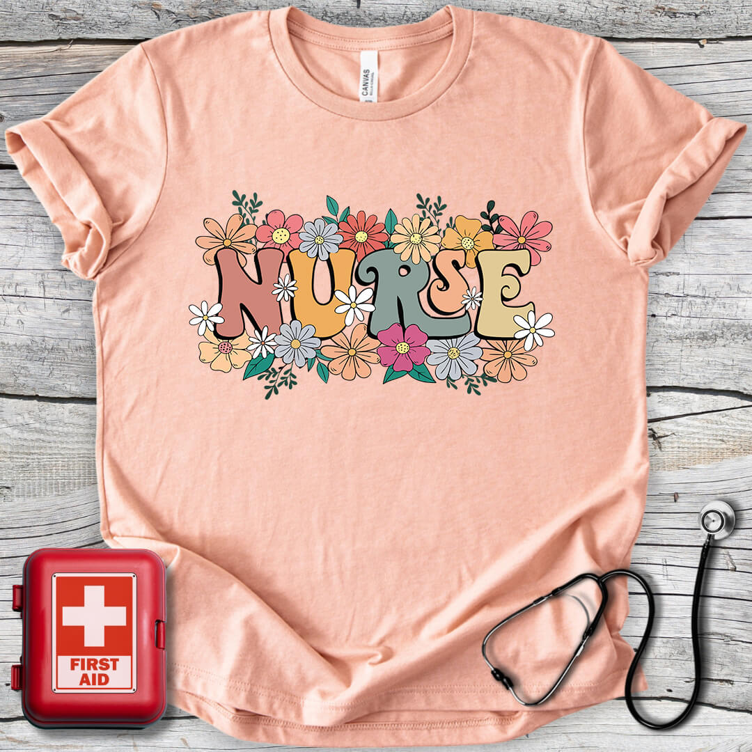 Nurse Flowers Retro T-shirt