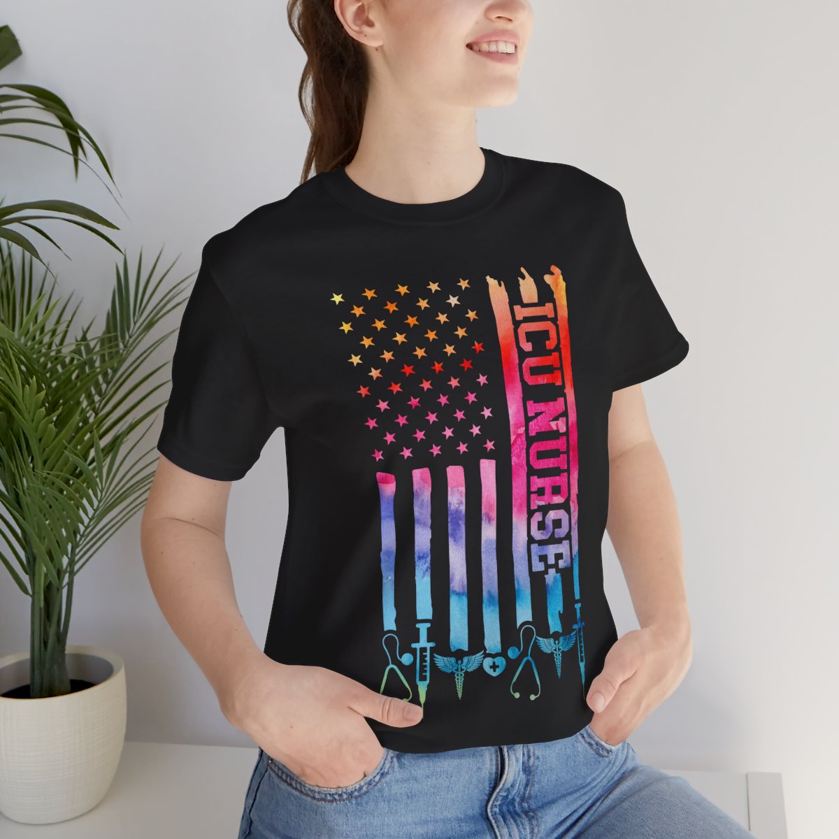 Tie Dye Intensive Care ICU Nurse U.S Flag T-shirt