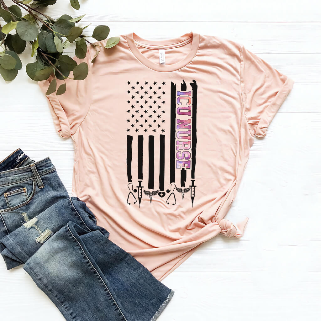 Colorful ICU Nurse U.S Flag Tee
