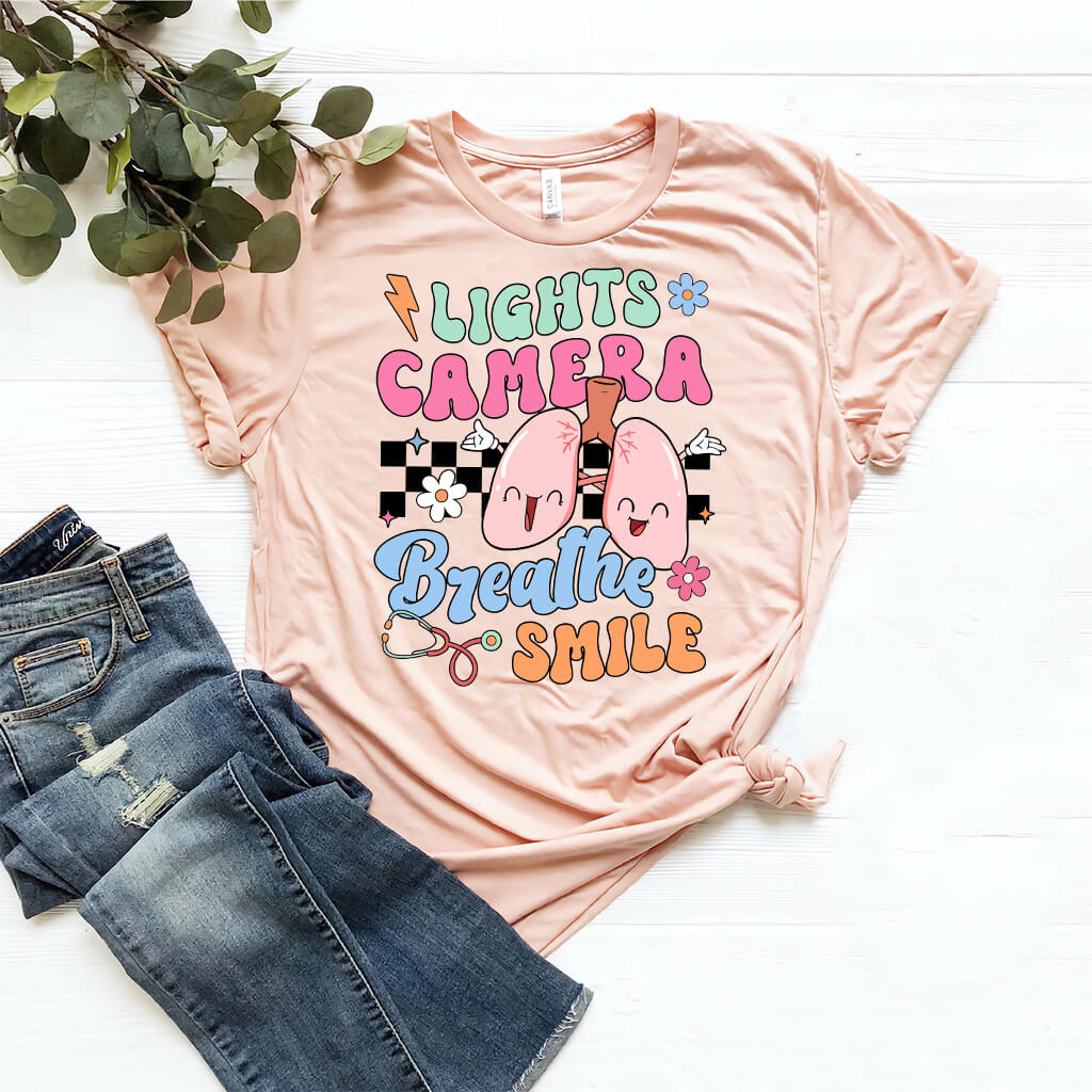 Funny ICU Nurse Tee - Lights Camera Breathe Smile Shirt