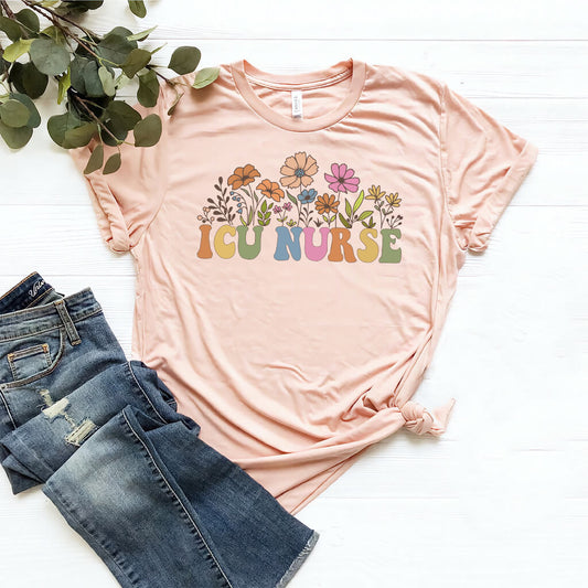ICU Nurse Groovy Flowers Tee