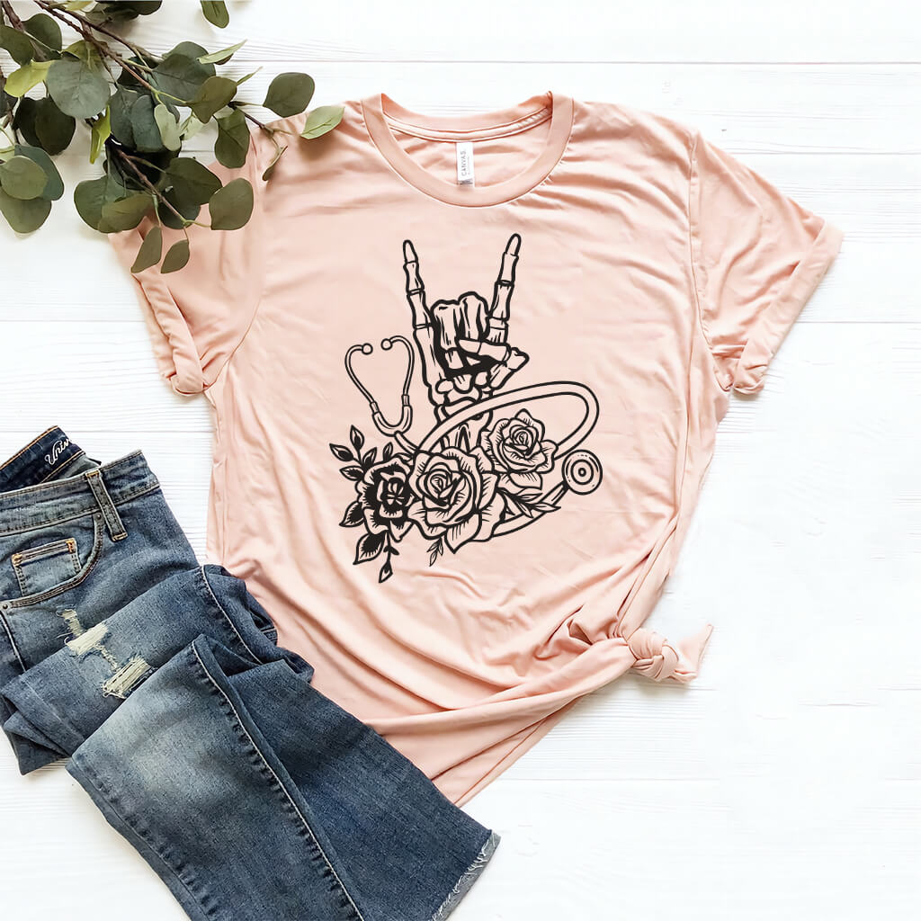 Rock and Roll Floral Skull Hand Holding Stethoscope Shirt