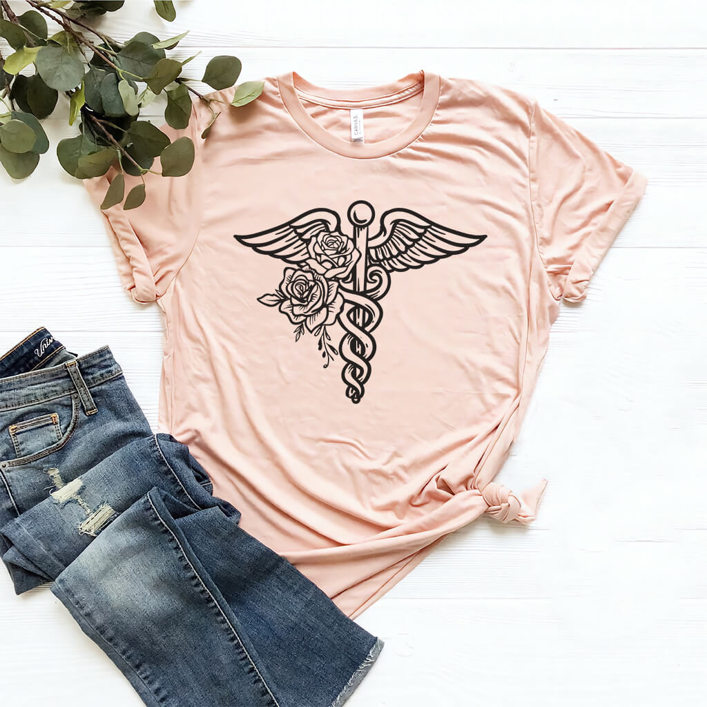 Floral Caduceus Symbol Tee