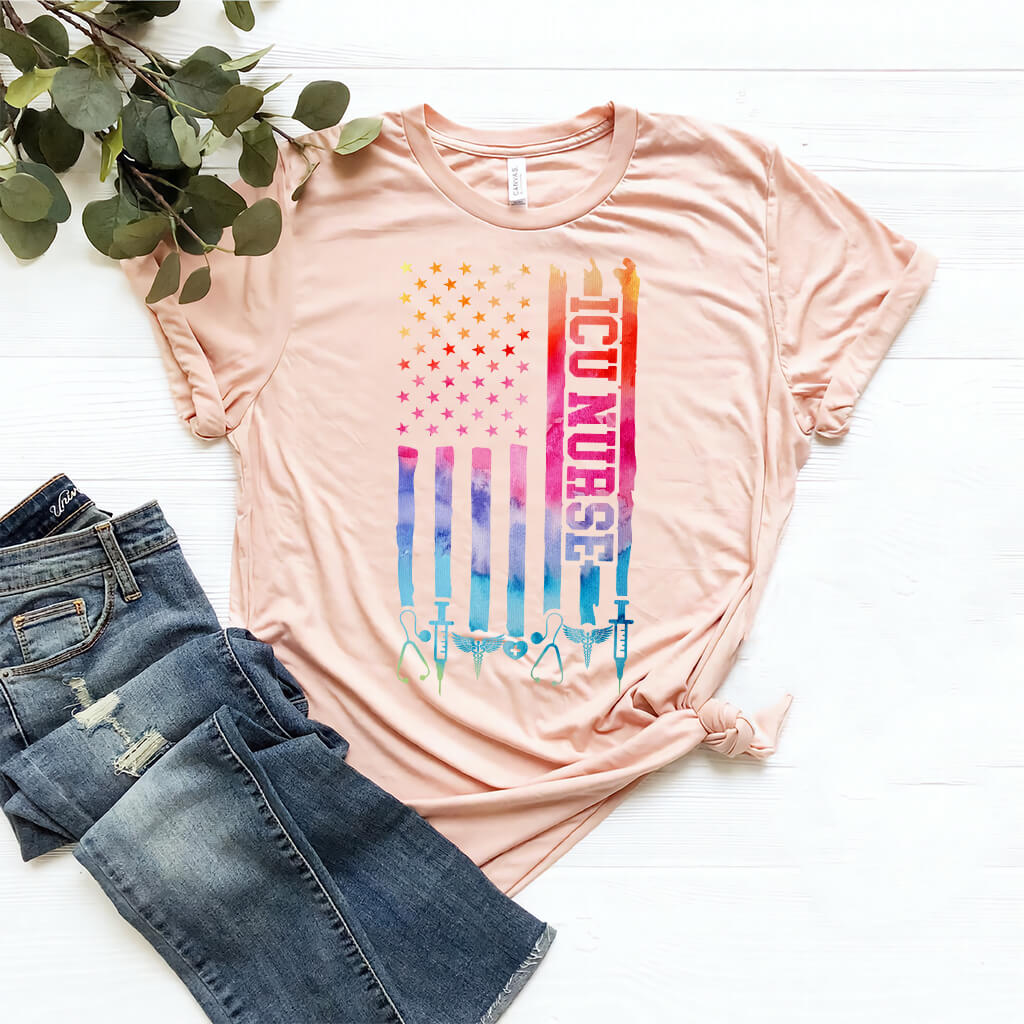 Tie Dye Intensive Care ICU Nurse U.S Flag T-shirt