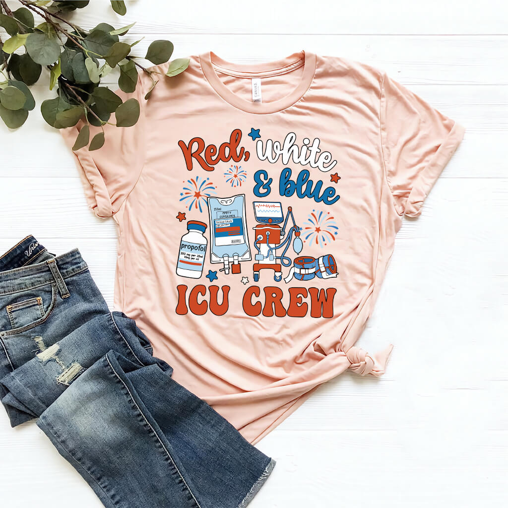Red White and Blue ICU Crew Tee - Intensive Care Unit Nurse Shirt