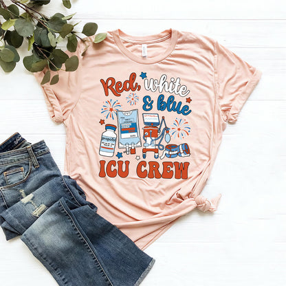 Red White and Blue ICU Crew Tee - Intensive Care Unit Nurse Shirt
