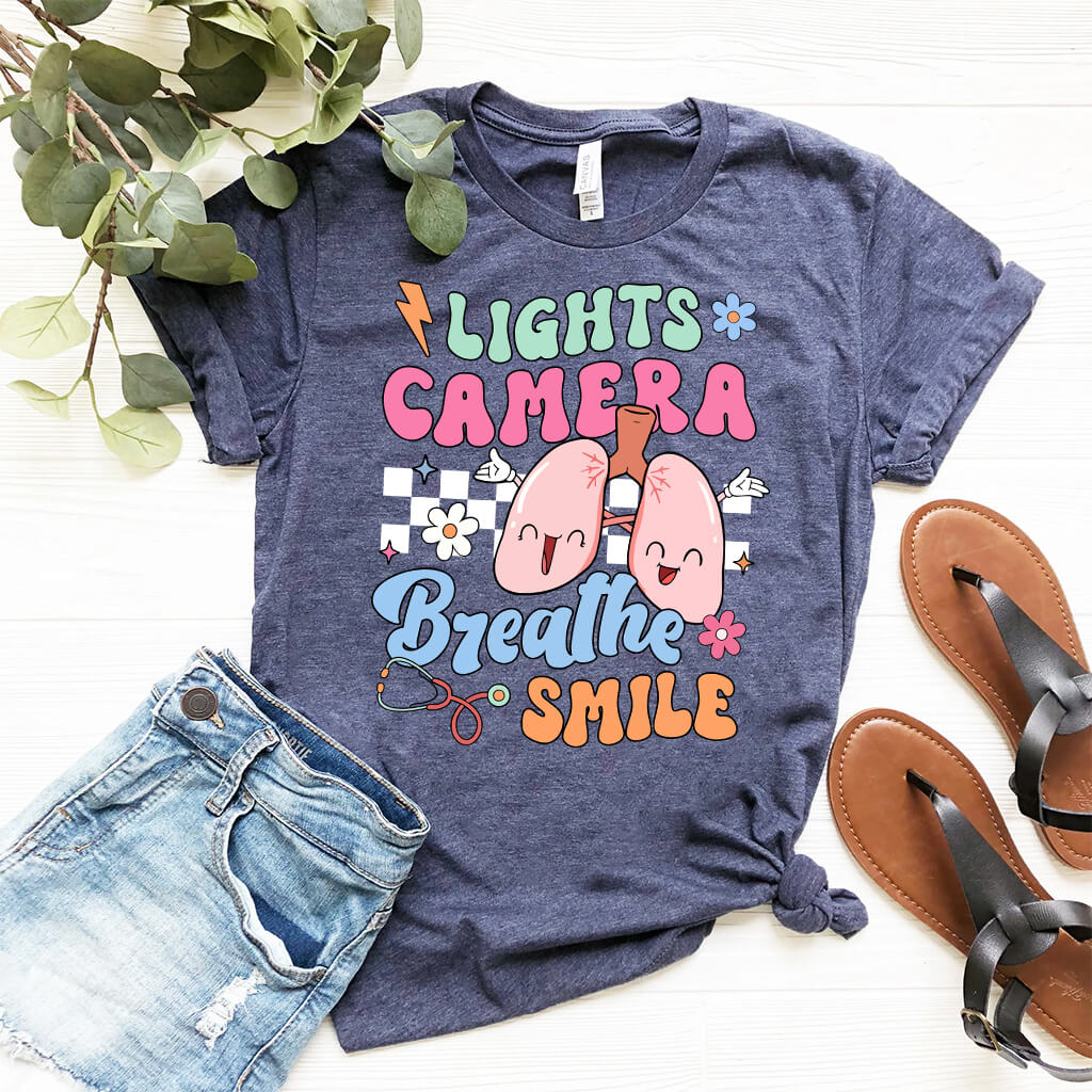 Funny ICU Nurse Tee - Lights Camera Breathe Smile Shirt