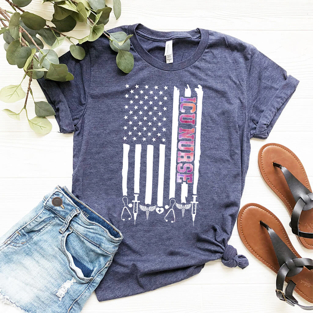 Colorful ICU Nurse U.S Flag Tee