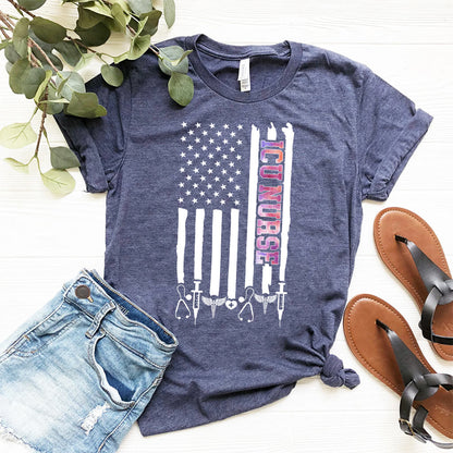 Colorful ICU Nurse U.S Flag Tee