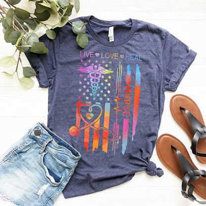 Live Love Heal Nurse U.S Flag T-shirt - Tie Dye Tee