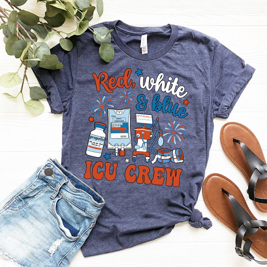 Red White and Blue ICU Crew Tee - Intensive Care Unit Nurse Shirt