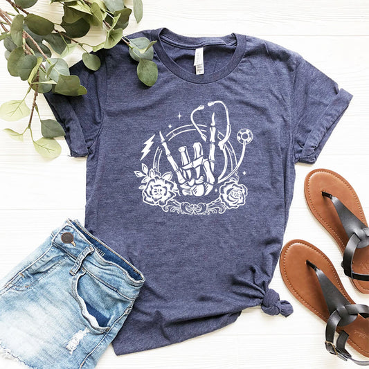 Rock and Roll Floral Skull Hand Holding Tee