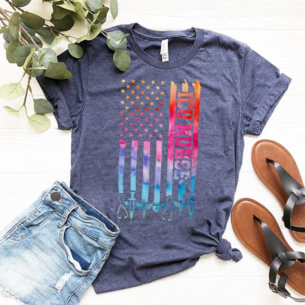 Tie Dye Intensive Care ICU Nurse U.S Flag T-shirt