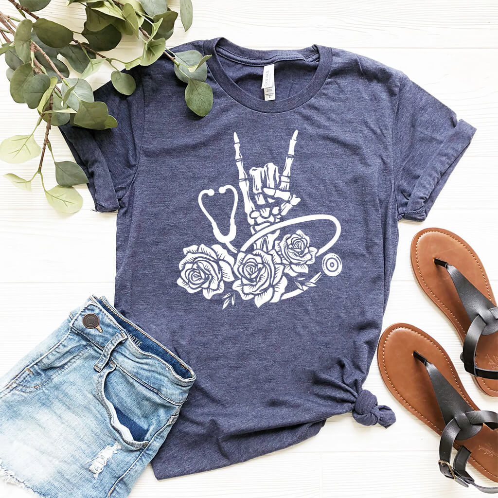Rock and Roll Floral Skull Hand Holding Stethoscope Shirt