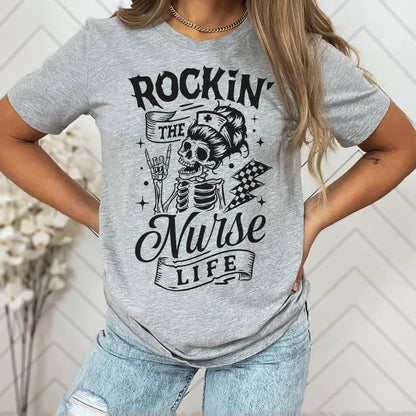 Rockin' the Nurse Life Tee - Skeleton Graphic Shirt