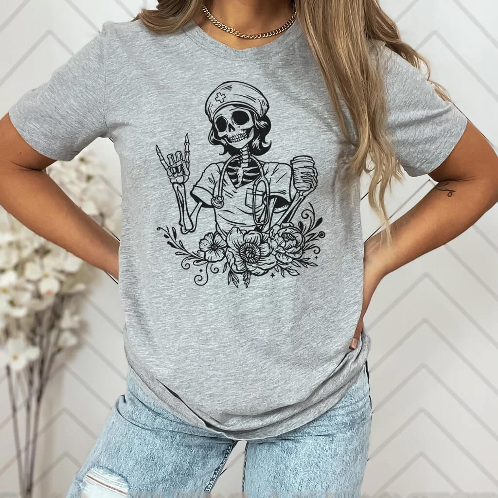 Nurse Floral Skeleton with Coffee T-shirt