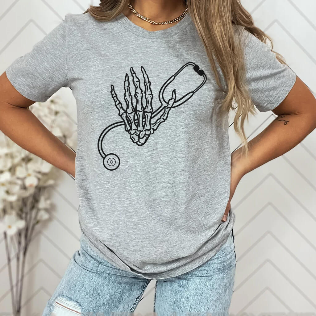 Skull Hand Holding Stethoscope T-shirt