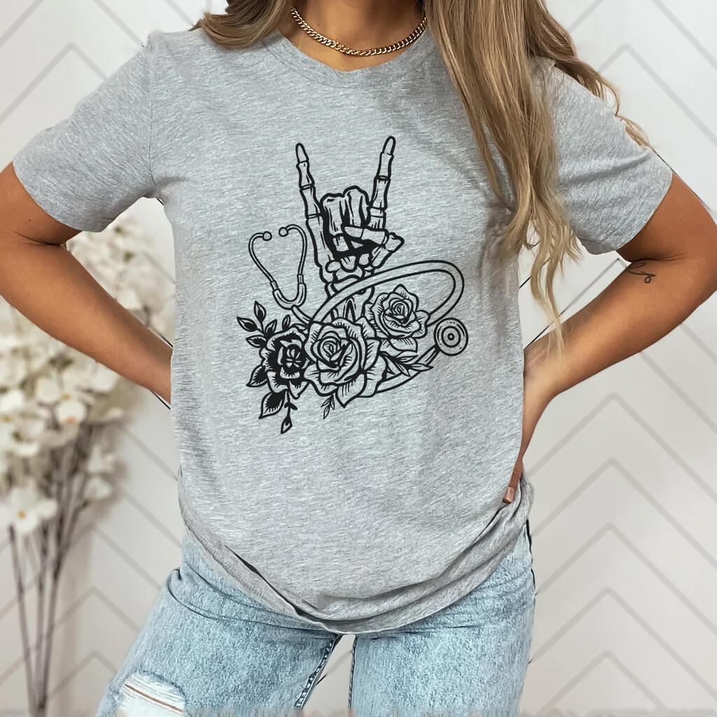 Rock and Roll Floral Skull Hand Holding Stethoscope Shirt