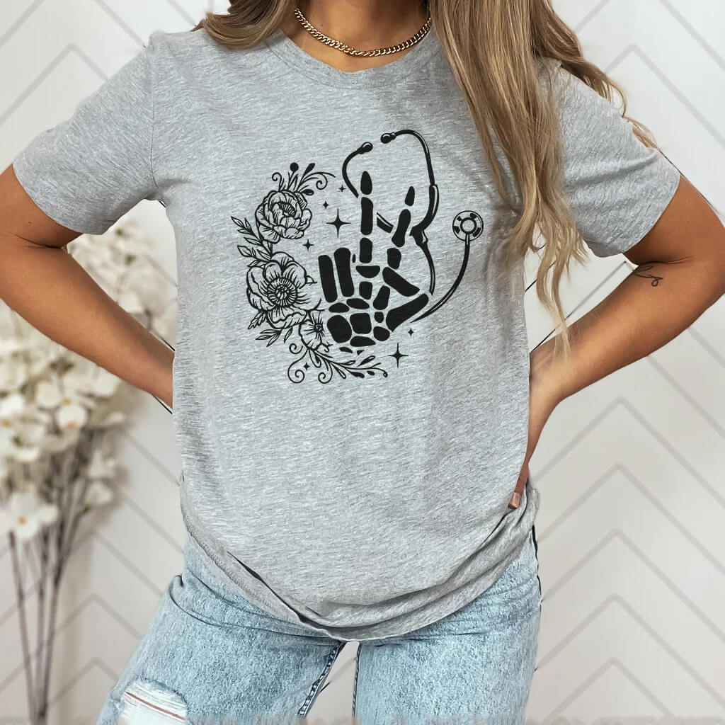 Floral Hand Skeleton Nurse T-shirt
