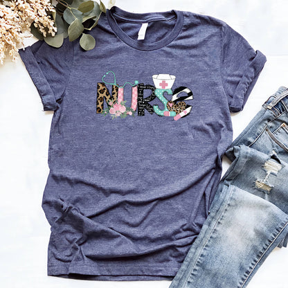 Stylish Nurse T-shirt - Leopard Print with Flowers and Stethoscope