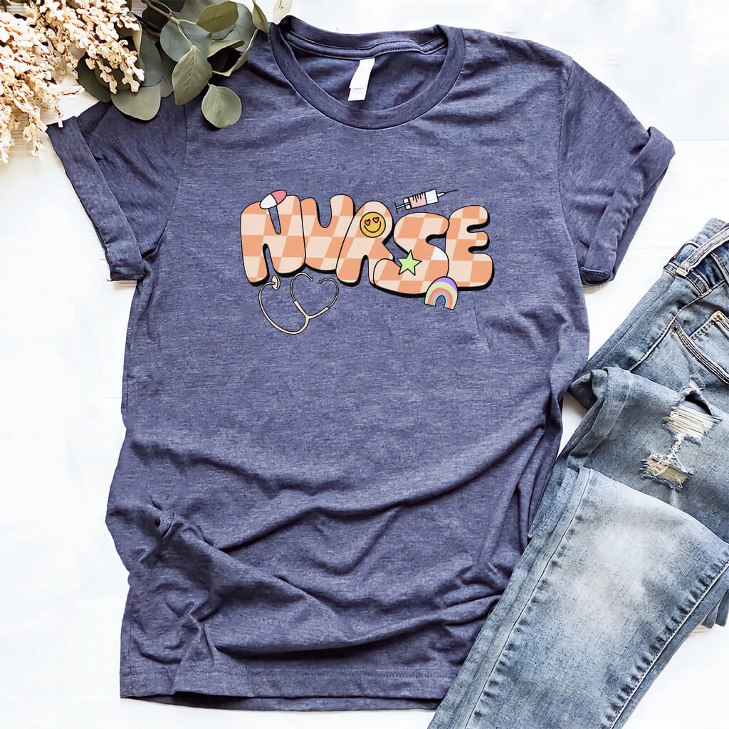 Cute Nurse T-shirt with Love Emoji and Rainbow