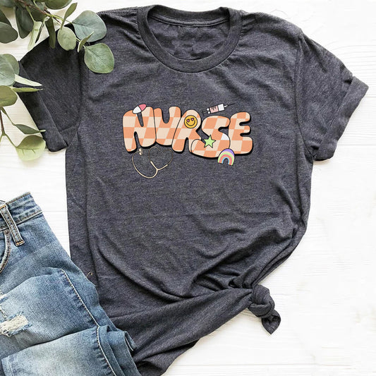 Cute Nurse T-shirt with Love Emoji and Rainbow