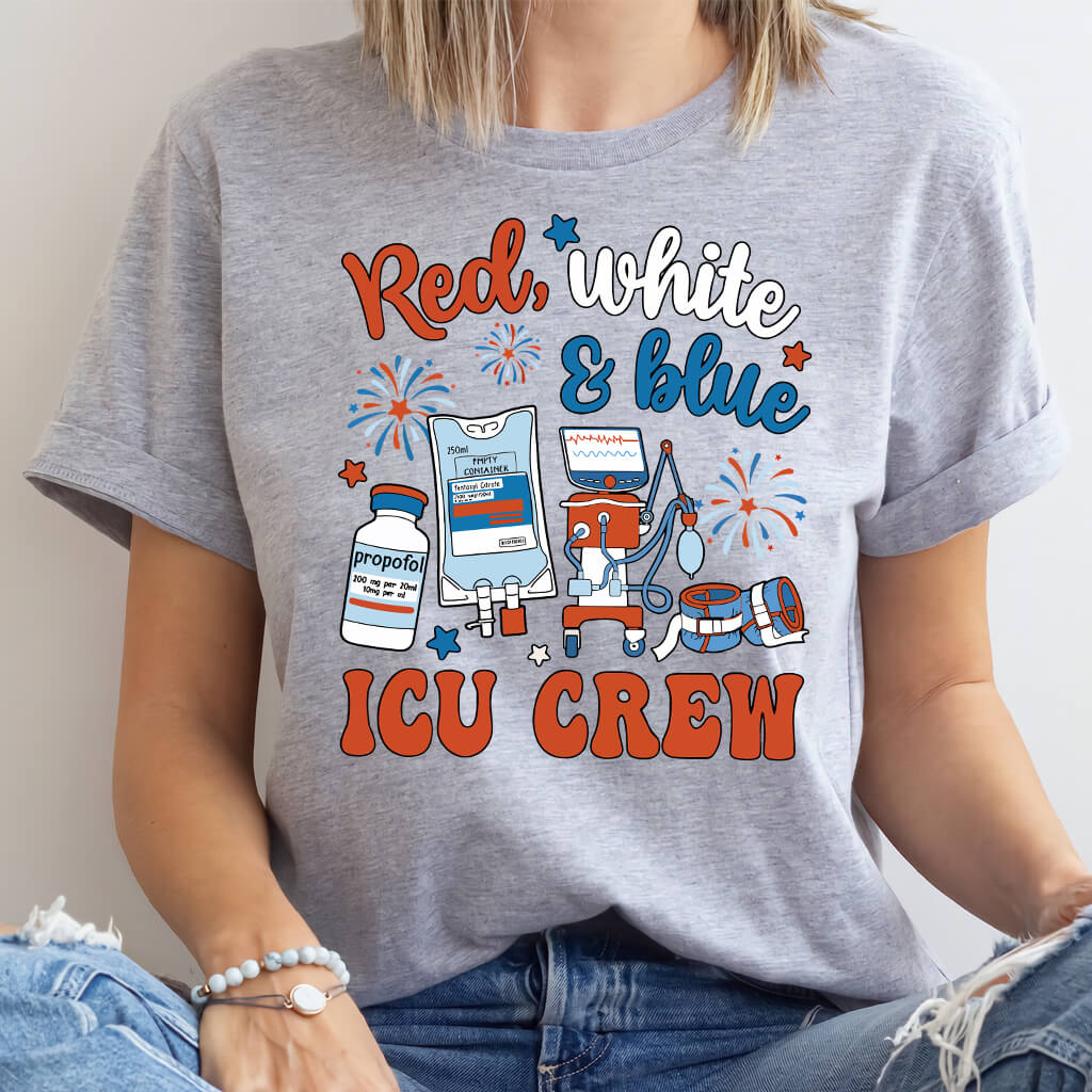 Red White and Blue ICU Crew Tee - Intensive Care Unit Nurse Shirt