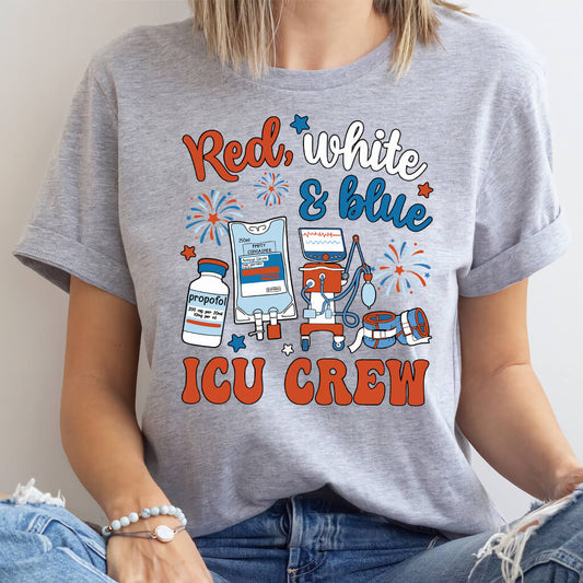 Red White and Blue ICU Crew Tee - Intensive Care Unit Nurse Shirt