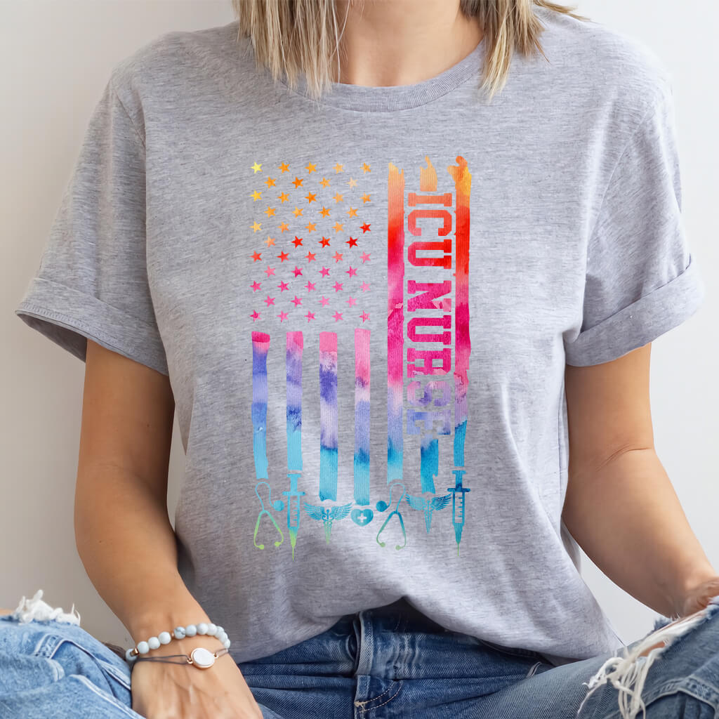 Tie Dye Intensive Care ICU Nurse U.S Flag T-shirt