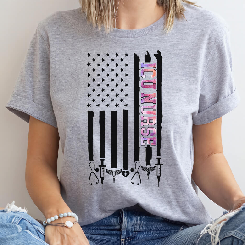 Colorful ICU Nurse U.S Flag Tee