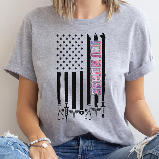 Colorful ICU Nurse U.S Flag Tee