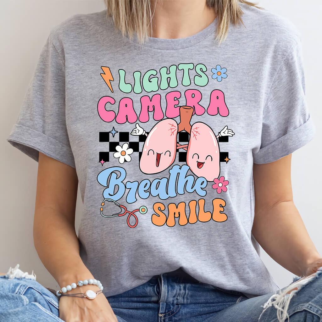 Funny ICU Nurse Tee - Lights Camera Breathe Smile Shirt