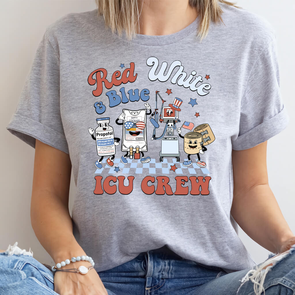 4th July Red White and Blue ICU Crew Shirt - Intensive Care Unit Nurse Tee