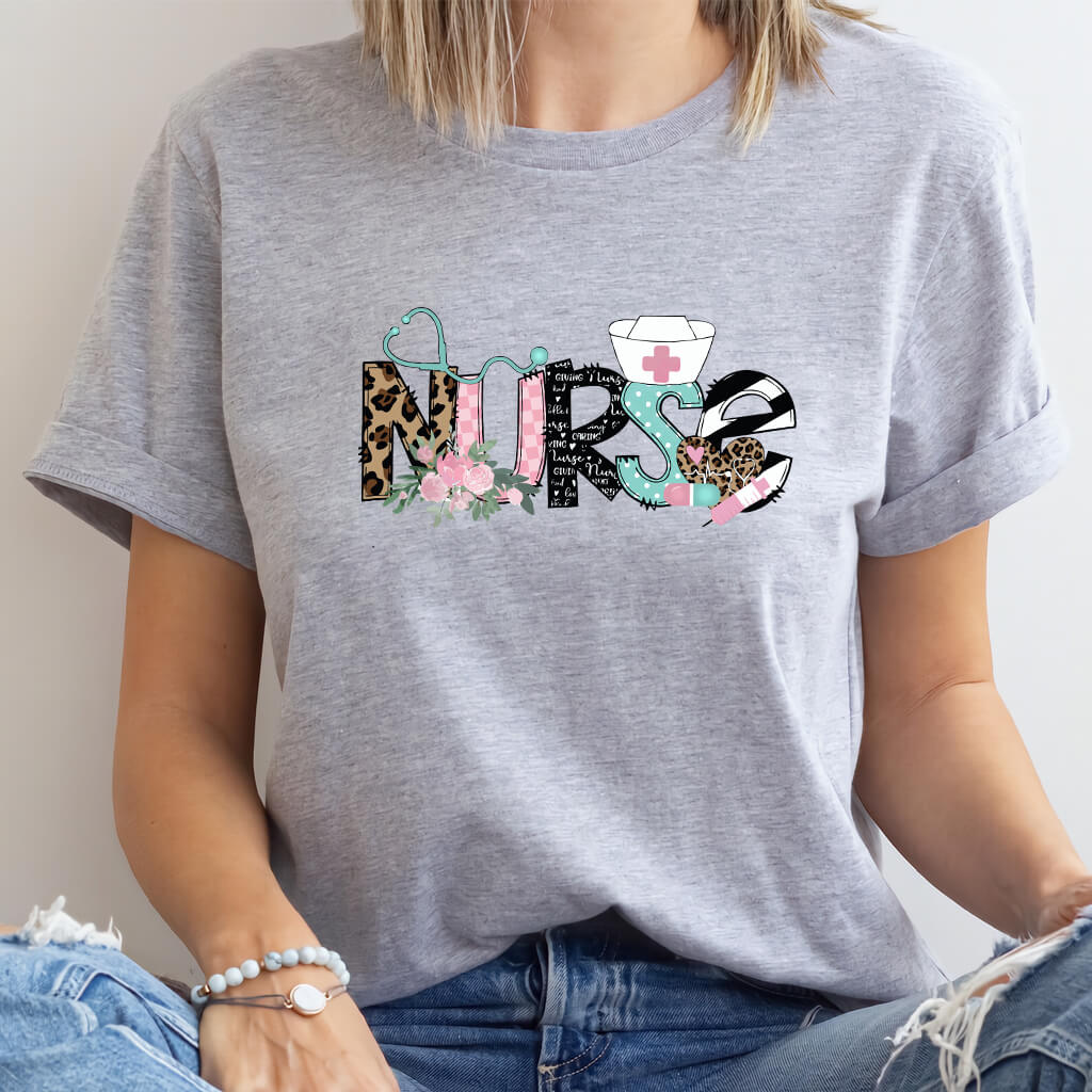Stylish Nurse T-shirt - Leopard Print with Flowers and Stethoscope